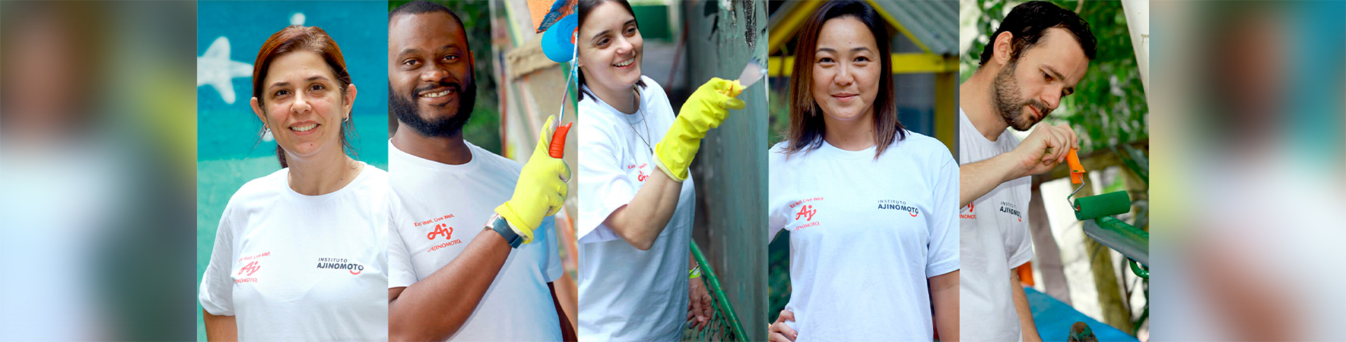 Adultos vestindo a camiseta da marca Ajinomoto fazendo pintura