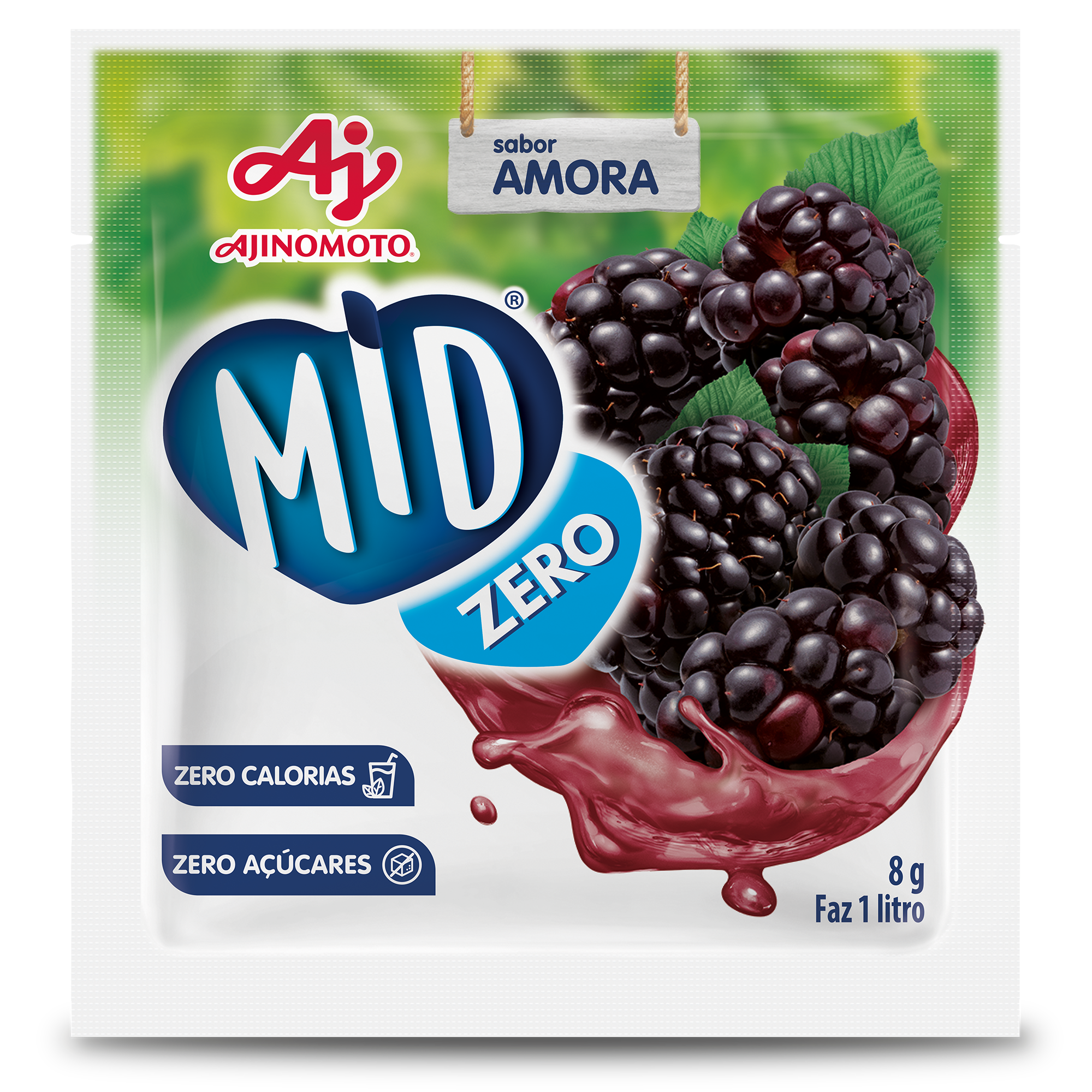 Embalagem de 8 gramas de suco MID Zero Amora