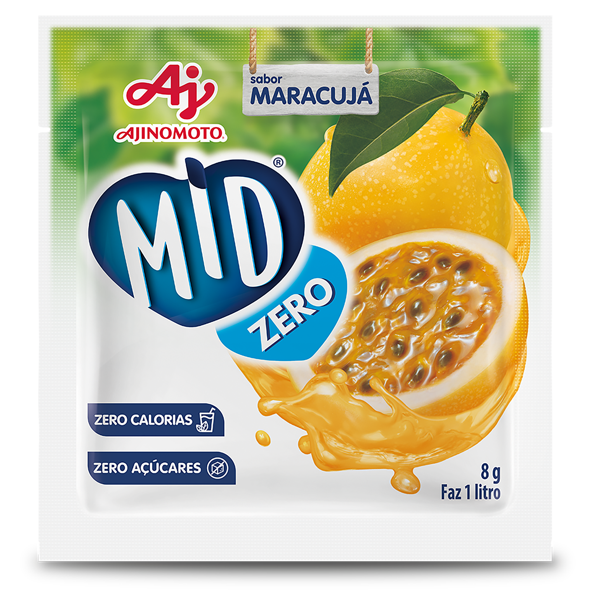 Embalagem de 8 gramas de suco MID Zero Maracujá