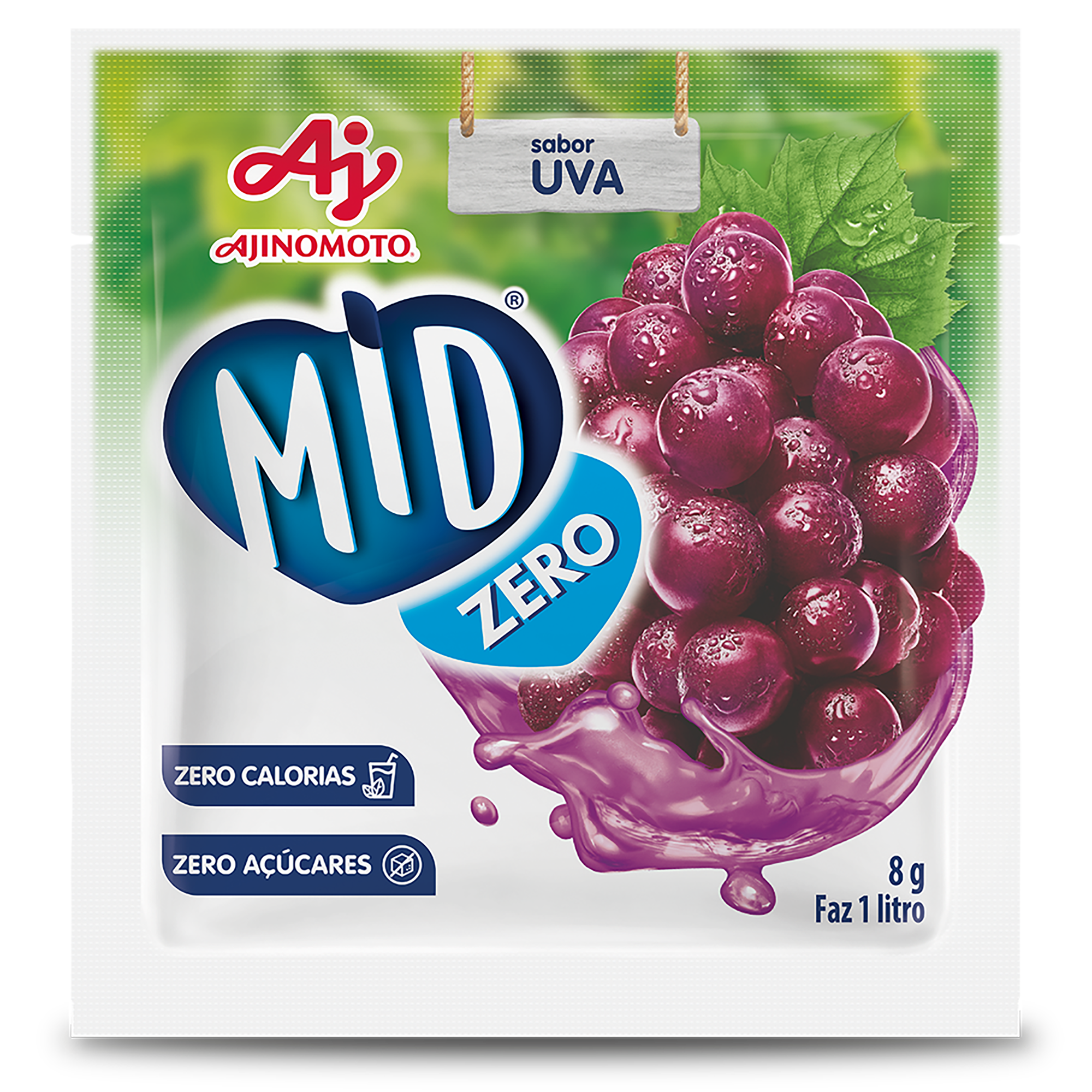 Embalagem de 8 gramas de suco MID Zero Uva